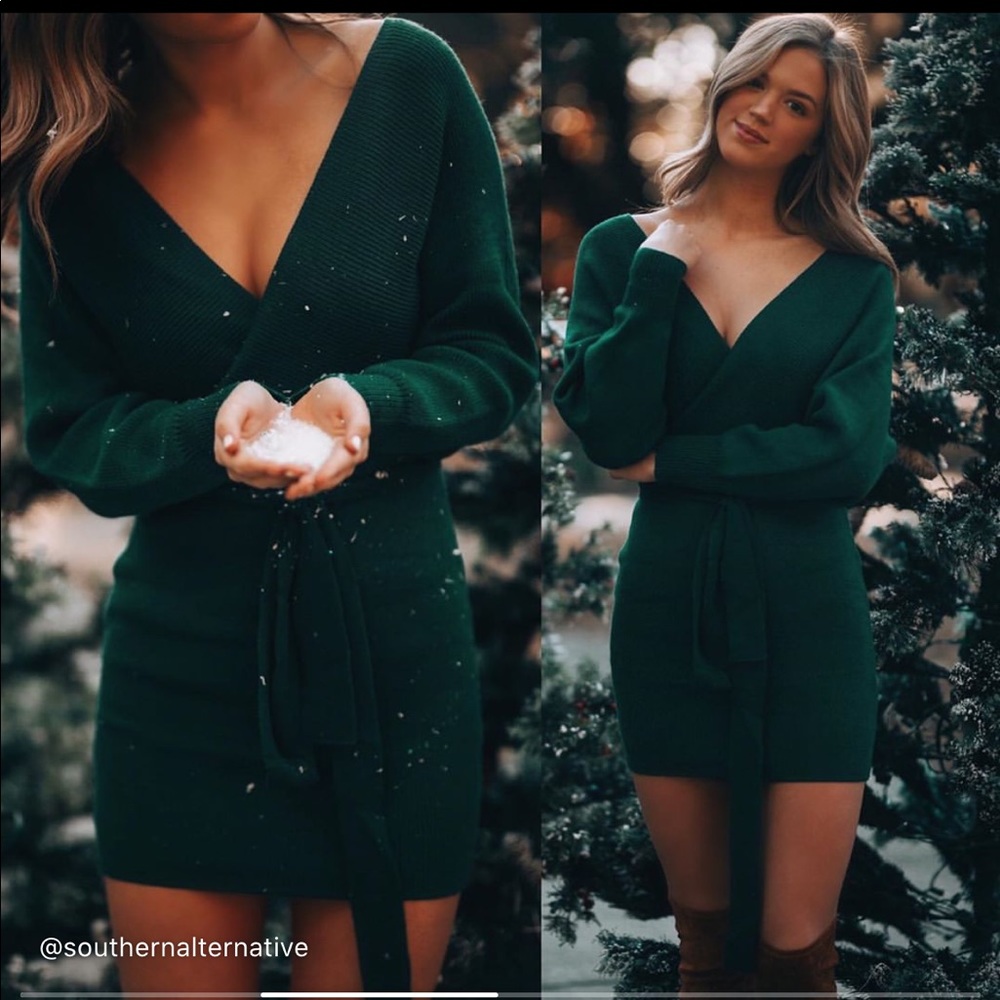 Open back green sweater dress